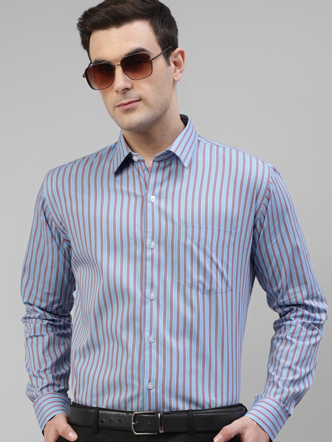 

Hancock Original Slim Fit Vertical Striped Spread Collar Pure Cotton Formal Shirt, Blue