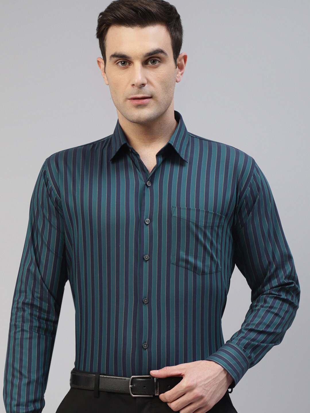 

Hancock Original Slim Fit Vertical Striped Pure Cotton Formal Shirt, Green