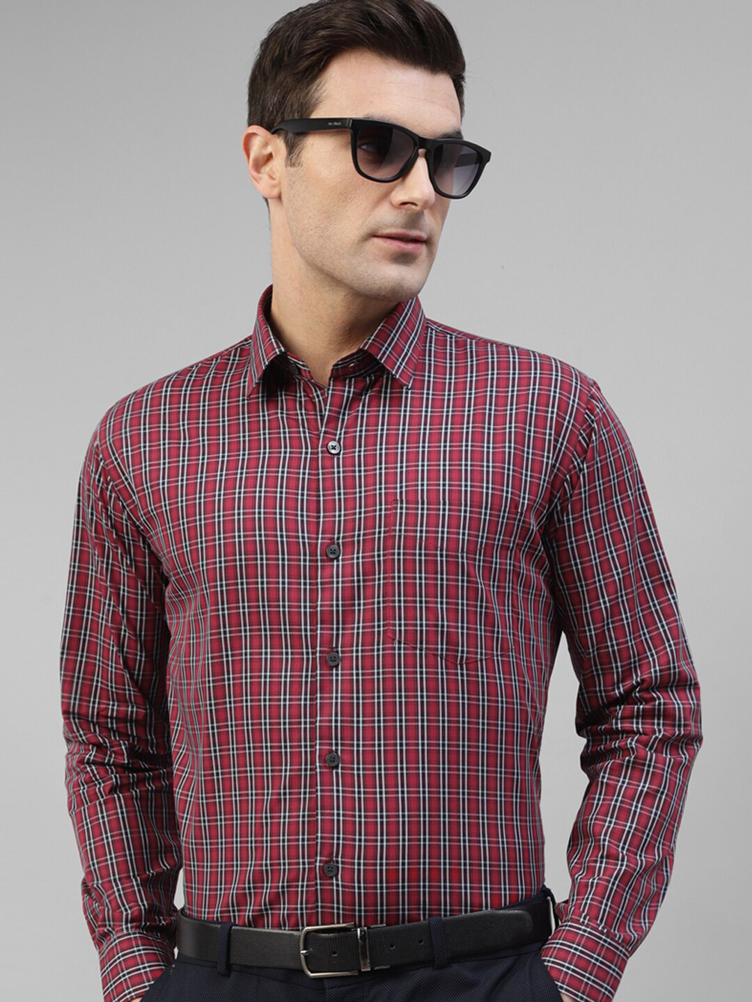 

Hancock Original Slim Fit Windowpane Checked Cotton Formal Shirt, Burgundy