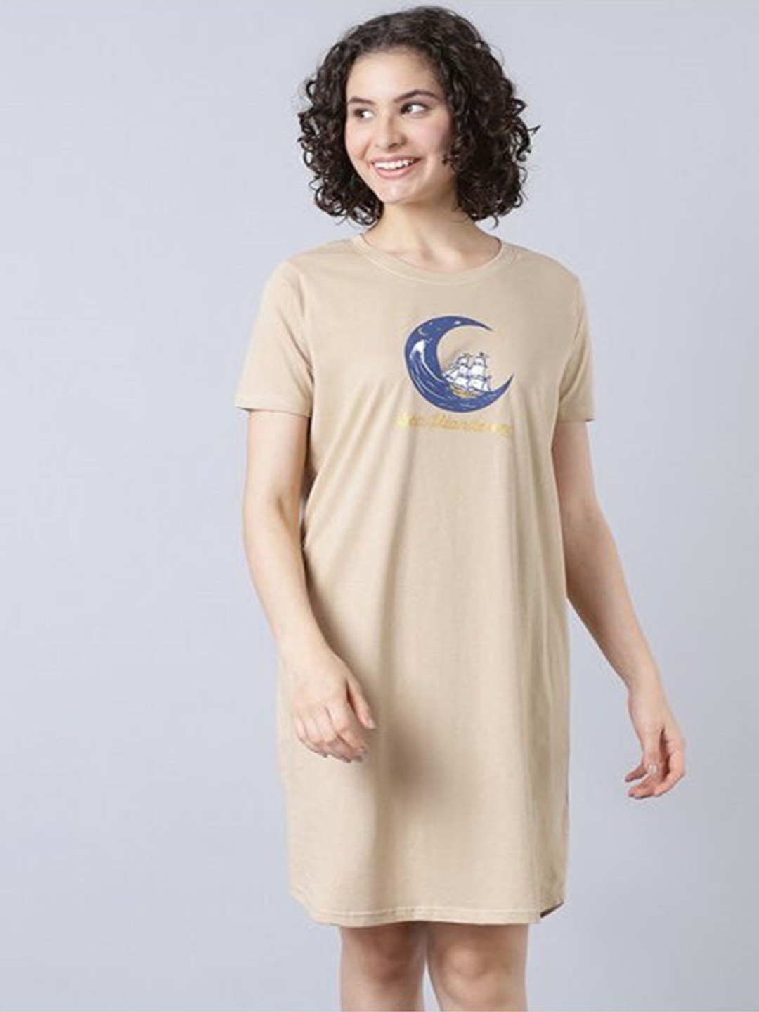 

Aila Graphic Printed T-shirt Nightdress, Beige