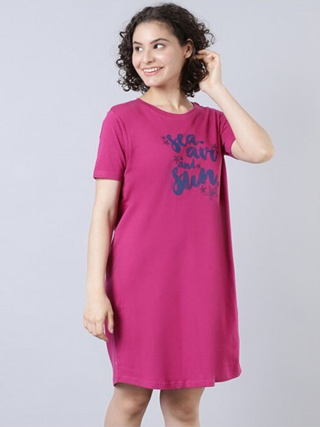 

Aila Printed Knee Length T-Shirt Nightdress, Fuchsia