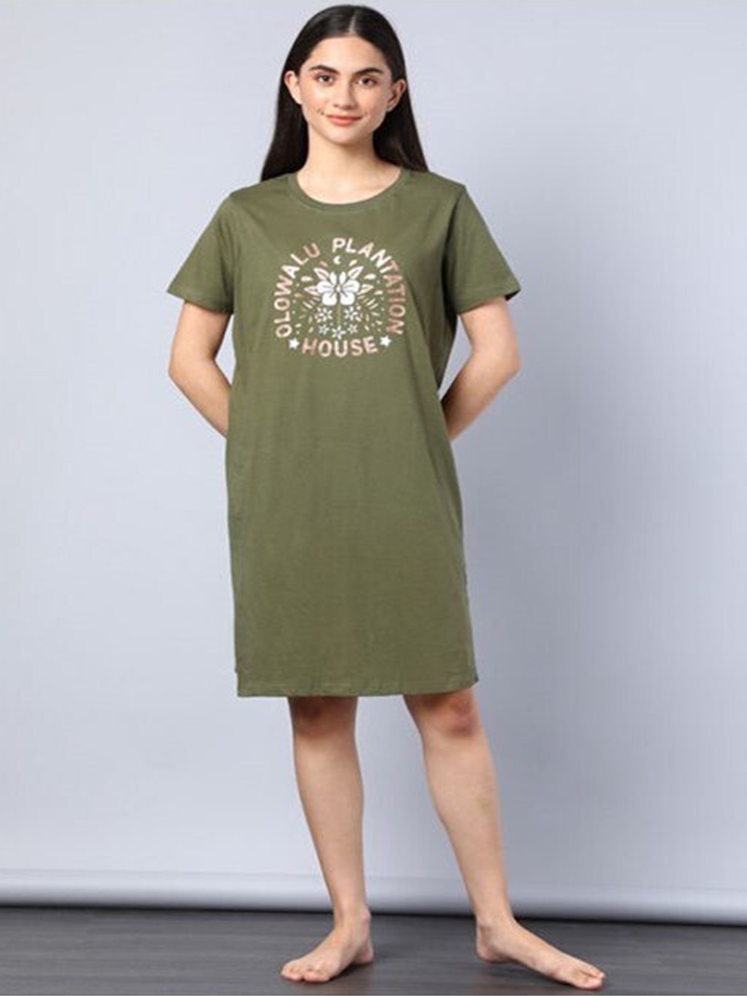

Aila Typography Printed T-shirt Nightdress, Green