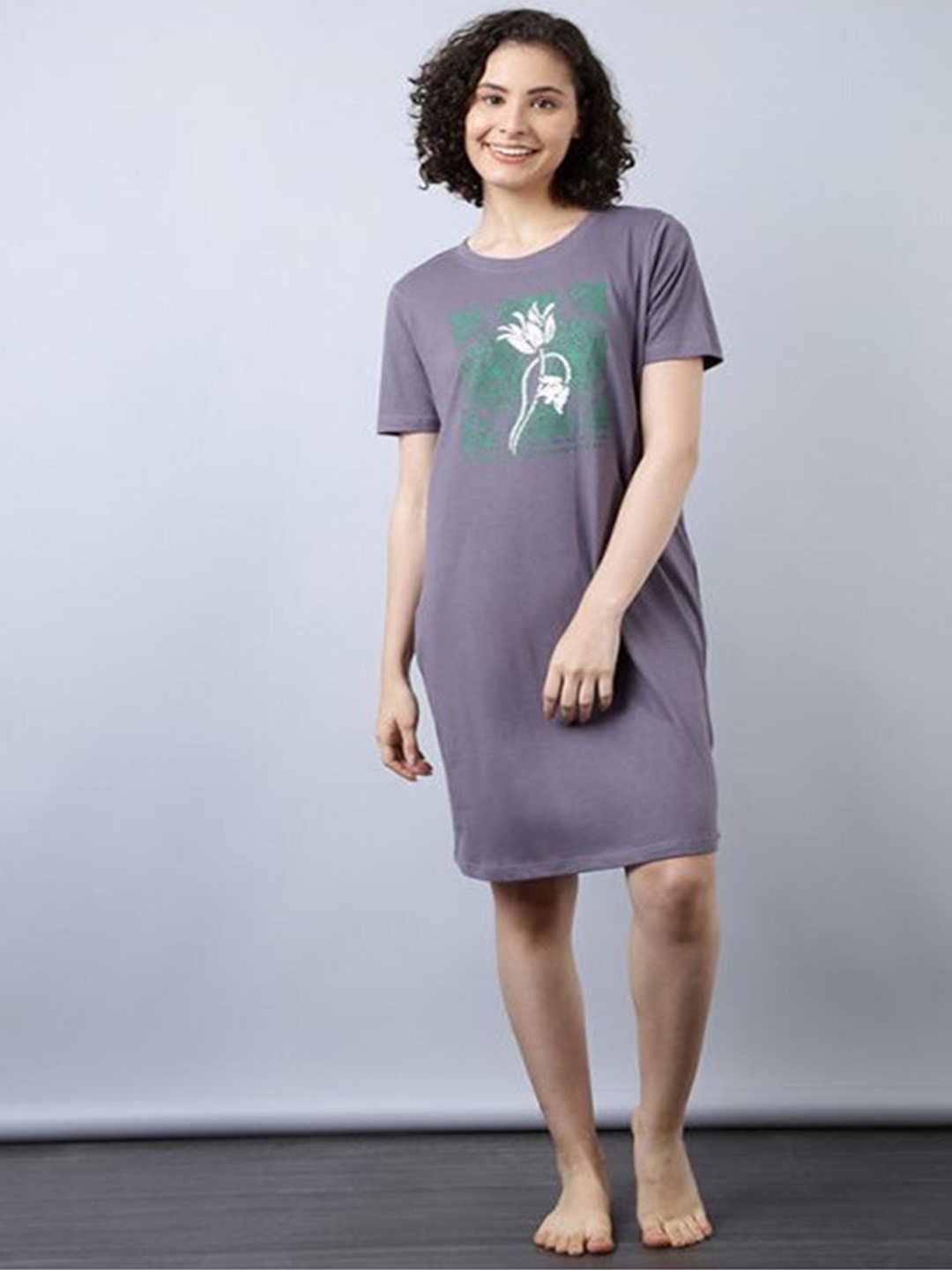 

Aila Floral Printed T-shirt Nightdress, Grey