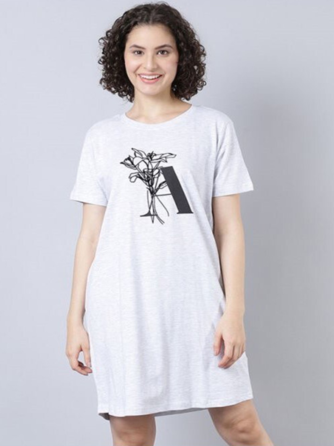 

Aila Typography Printed Nightdress, Grey melange