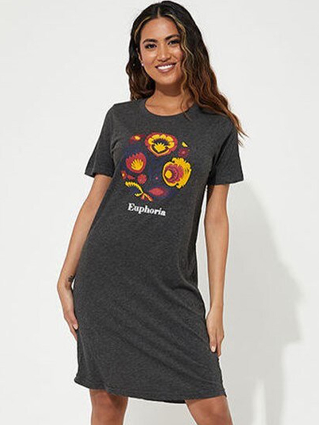 

Aila Printed Above Knee T-shirt Nightdress, Charcoal