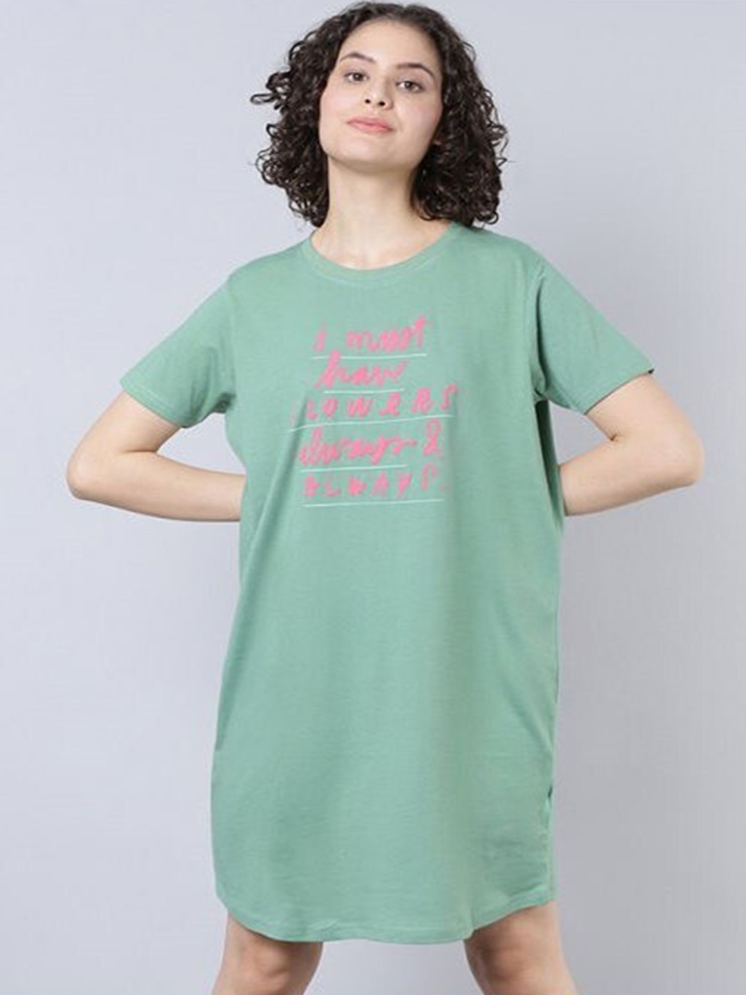 

Aila Typography Printed Nightdress, Green