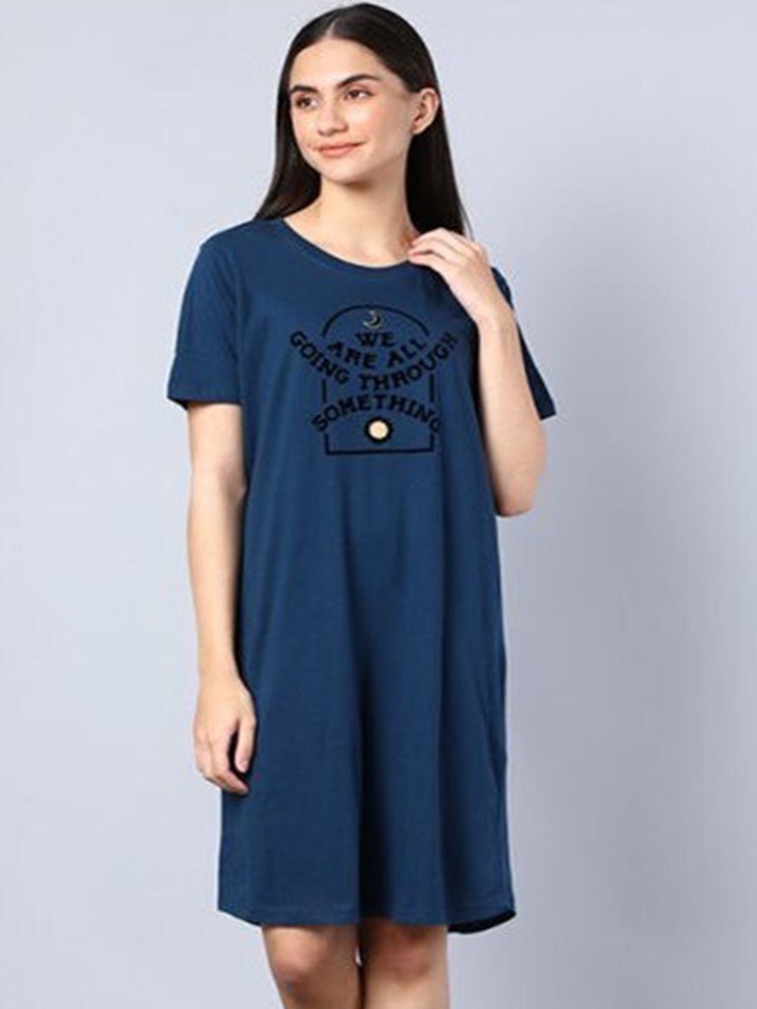 

Aila Printed Above Knee T-shirt Nightdress, Navy blue