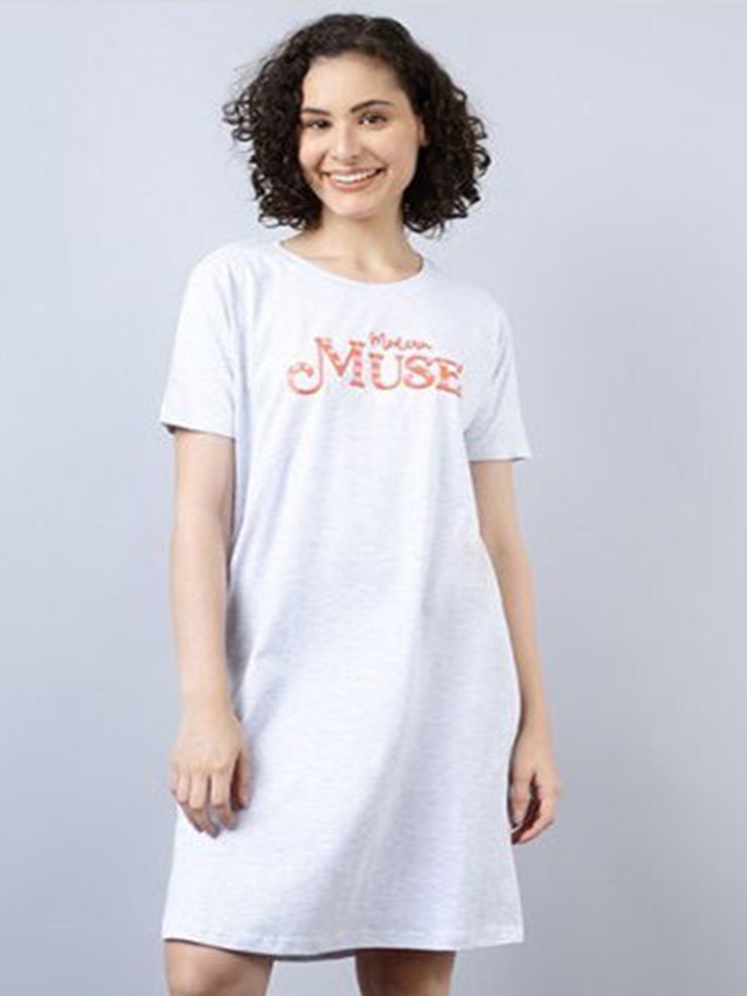 

Aila Typography Printed T-Shirt Nightdress, Grey melange