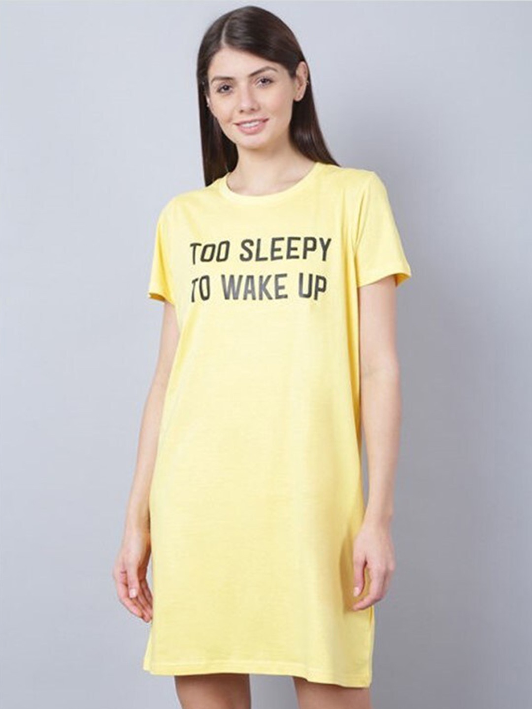 

Aila Typography Printed T-shirt Nightdress, Yellow
