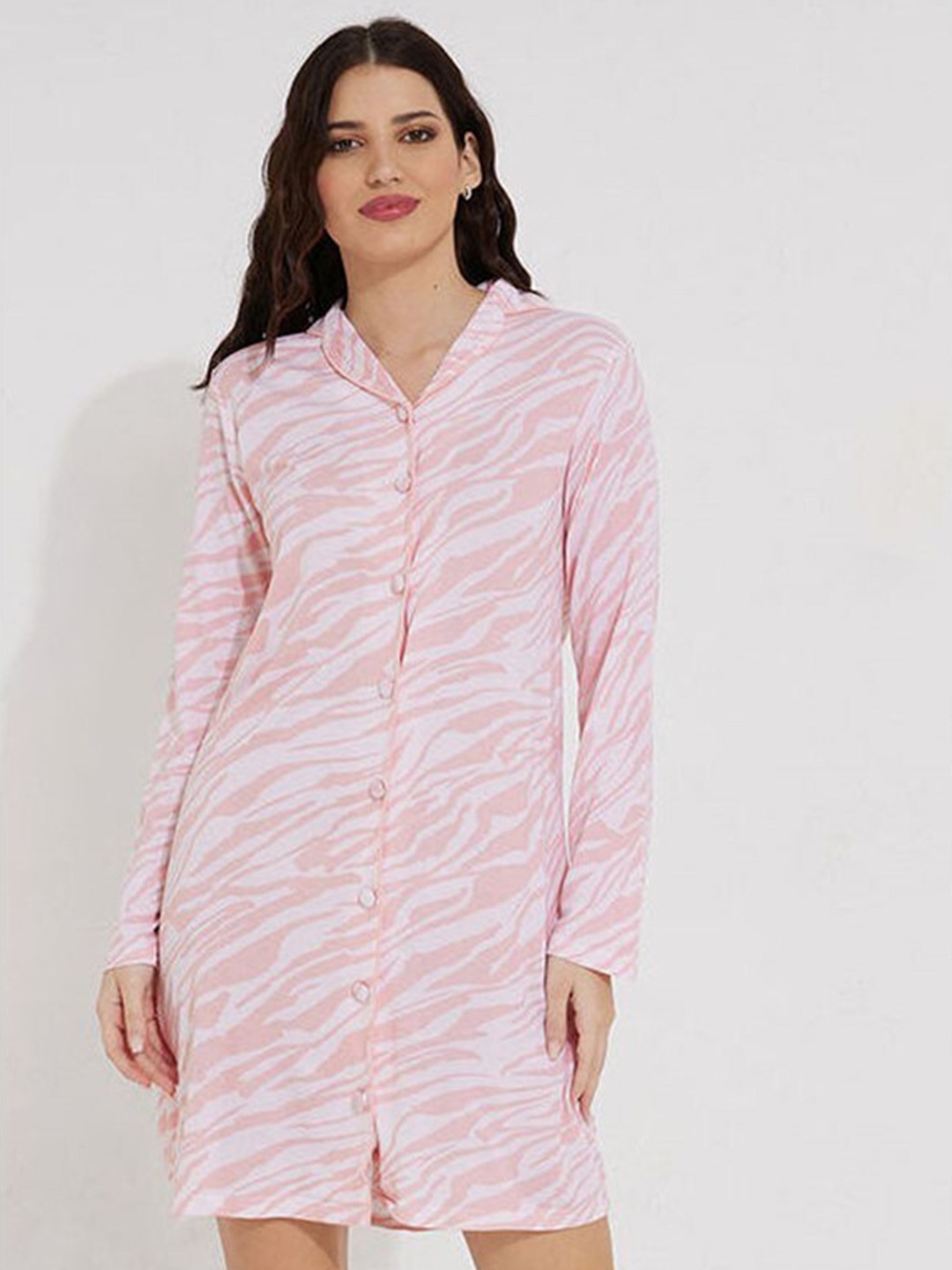 

Aila Animal Printed Shirt Nightdress, Pink