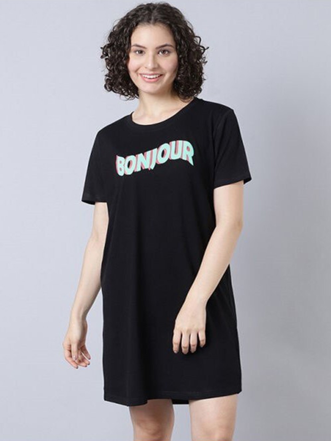 

Aila Typography Printed T-shirt Nightdress, Black