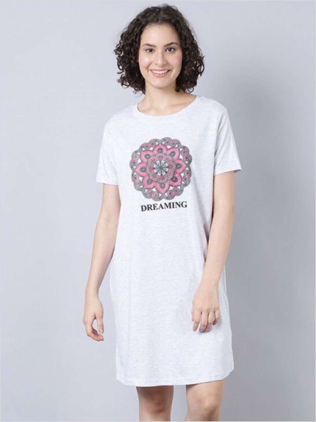 

Aila Graphic Printed Nightdress, Grey melange