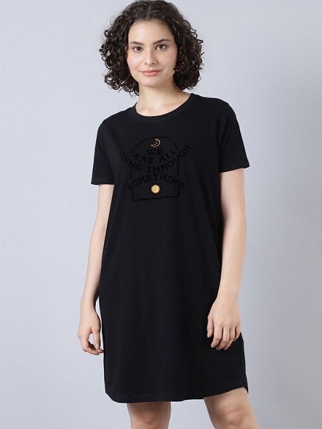 

Aila Typography Printed T-shirt Nightdress, Black