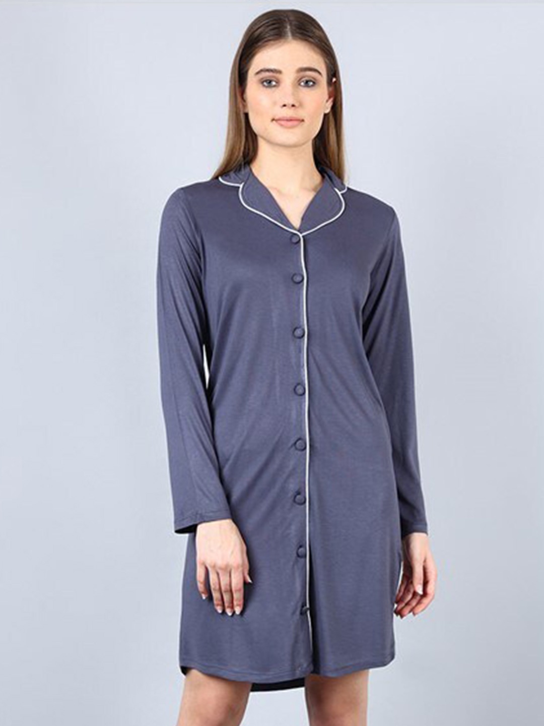 

Aila Lapel Collar Shirt Nightdress, Blue