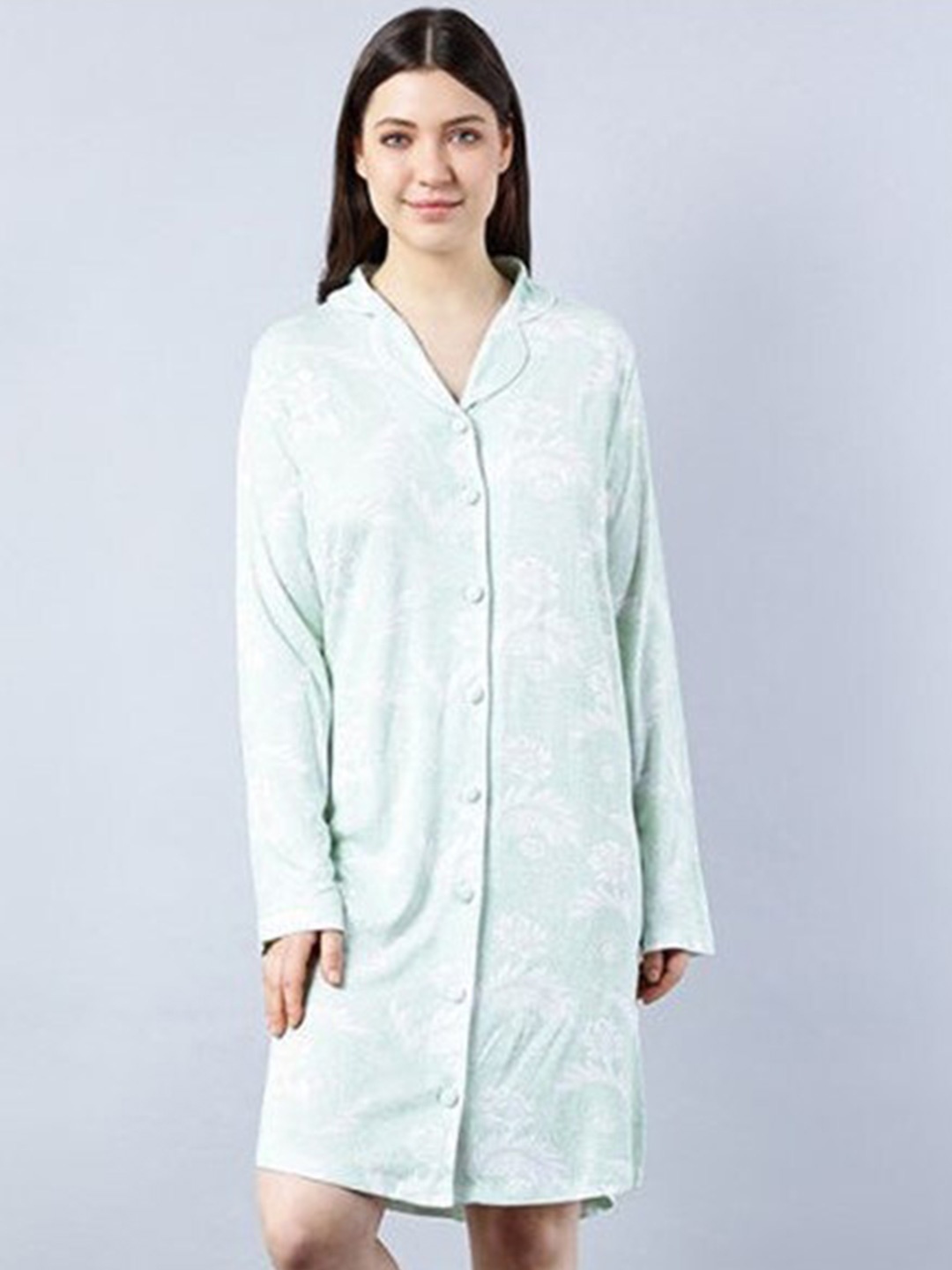 

Aila Printed Shirt Nightdress, Sea green
