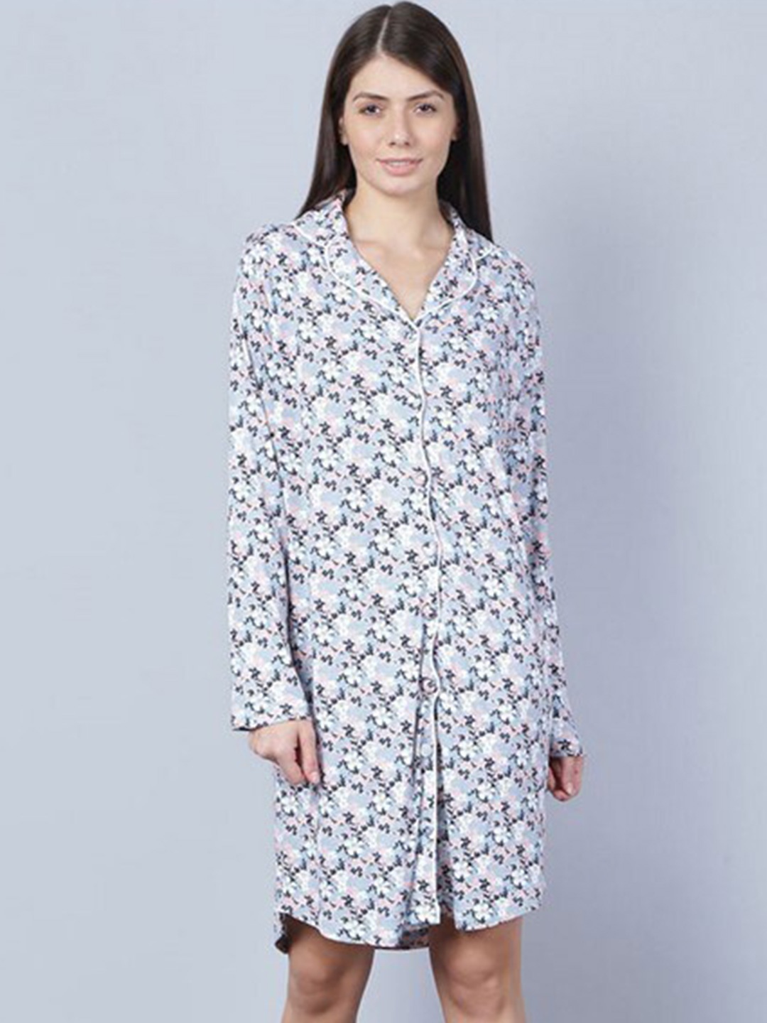 

Aila Floral Printed Lapel Collar Shirt Nightdress, White