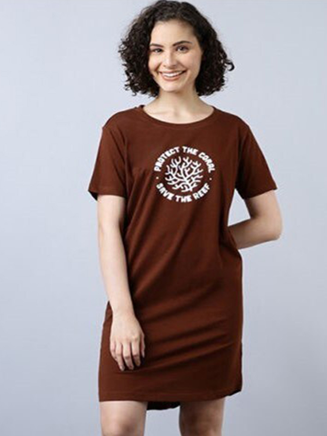 

Aila Printed Above Knee T-shirt Nightdress, Brown