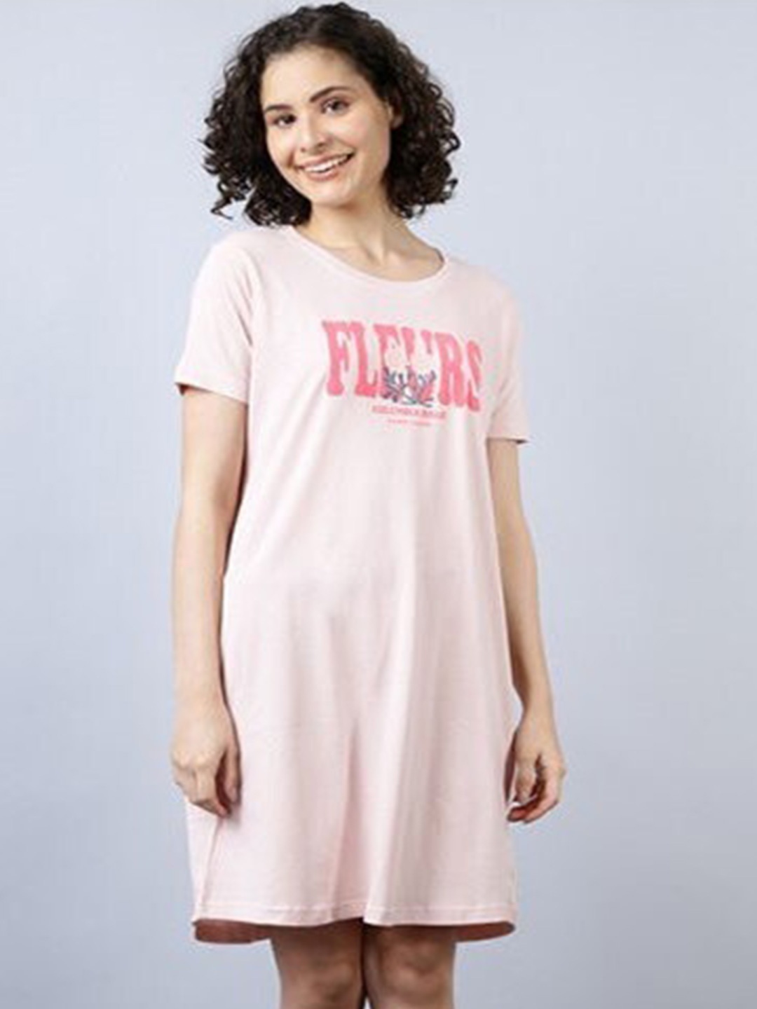 

Aila Typography Printed T-shirt Nightdress, Pink