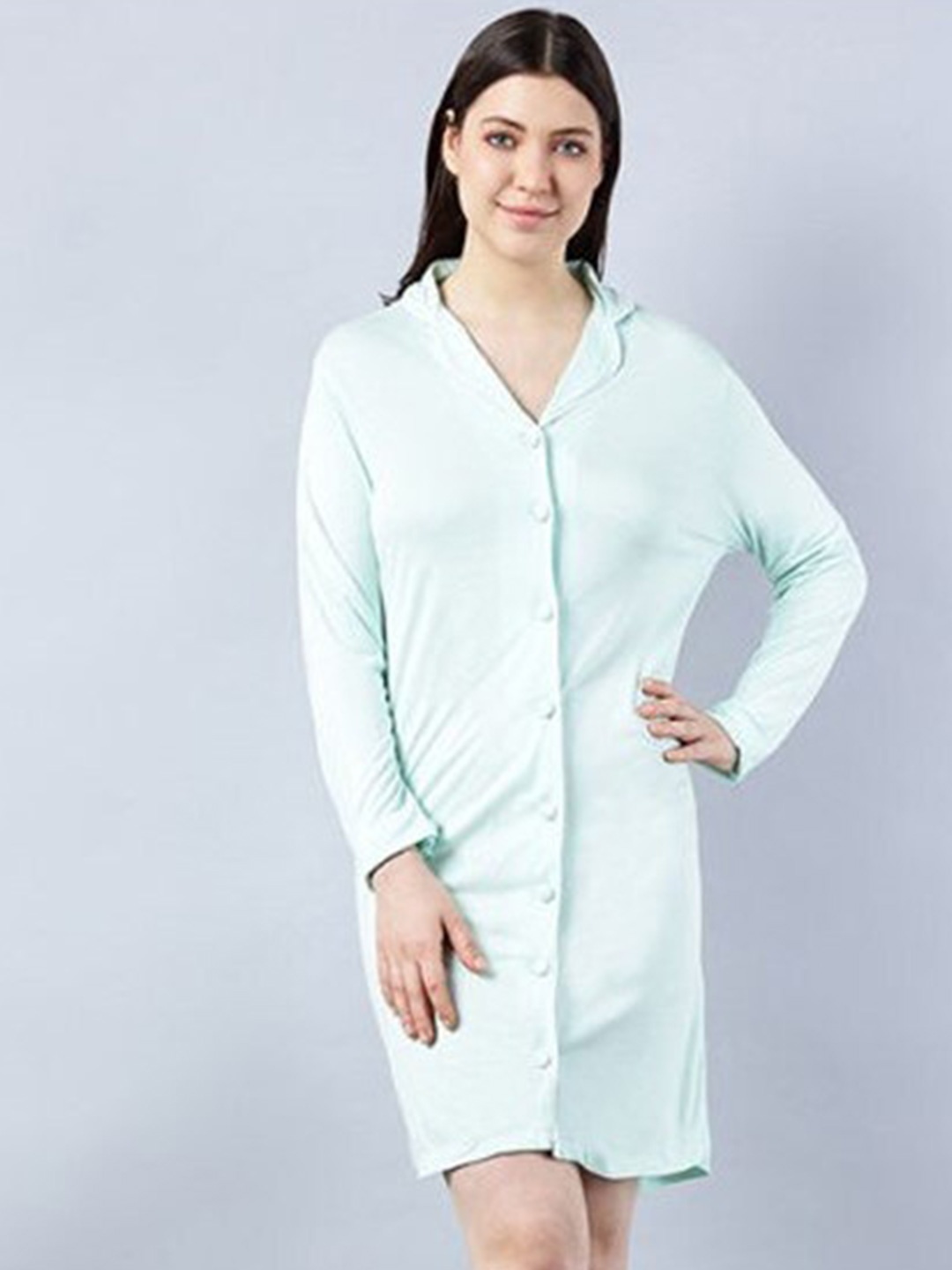 

Aila Lapel Collar Long Sleeves Shirt Nightdress, Green