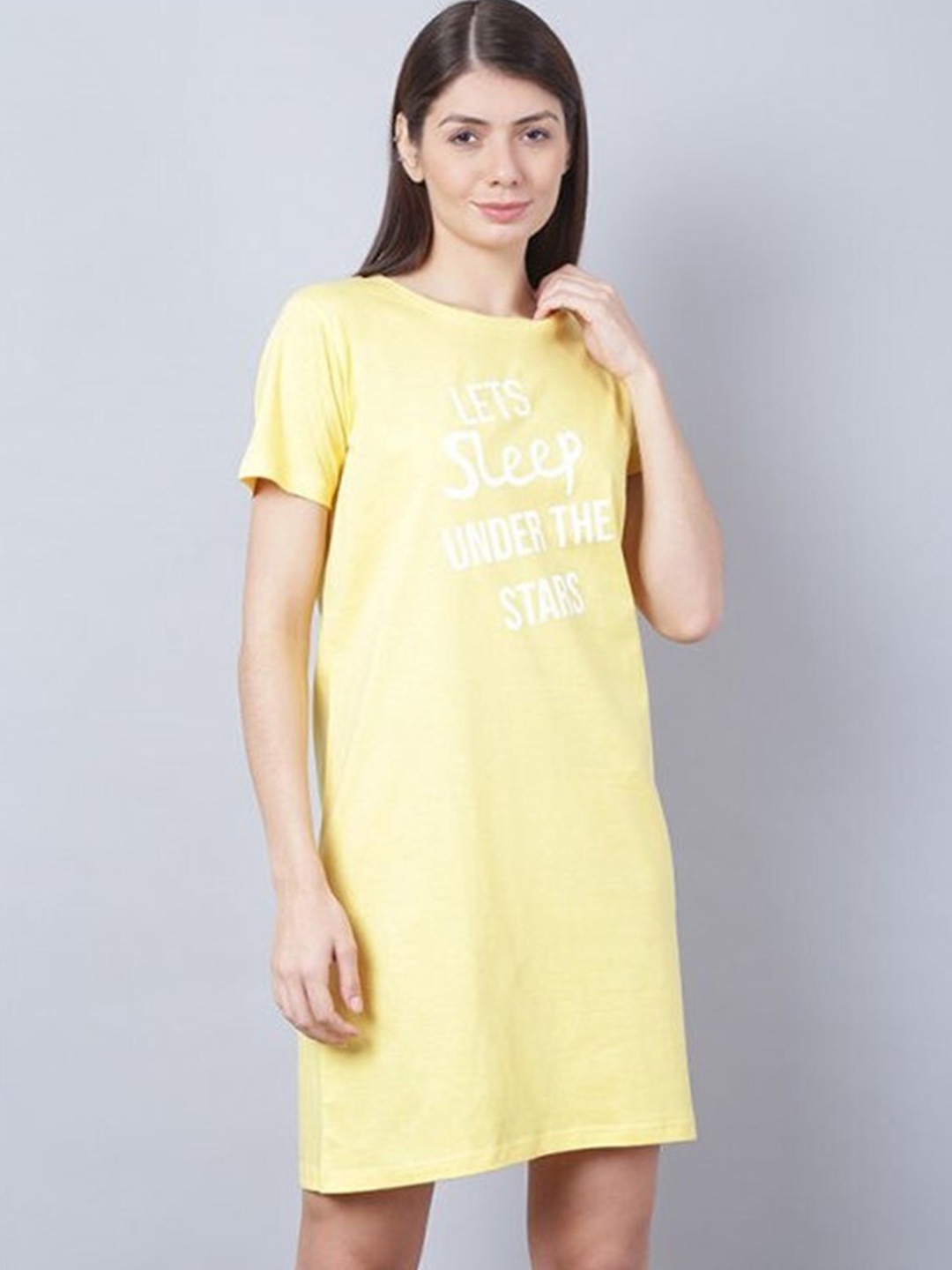 

Aila Printed Above Knee T-shirt Nightdress, Yellow