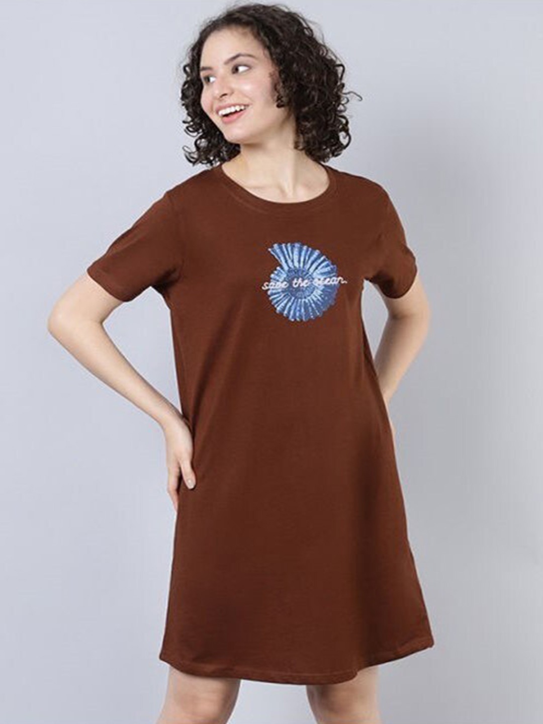 

Aila Typography Printed T-shirt Nightdress, Brown