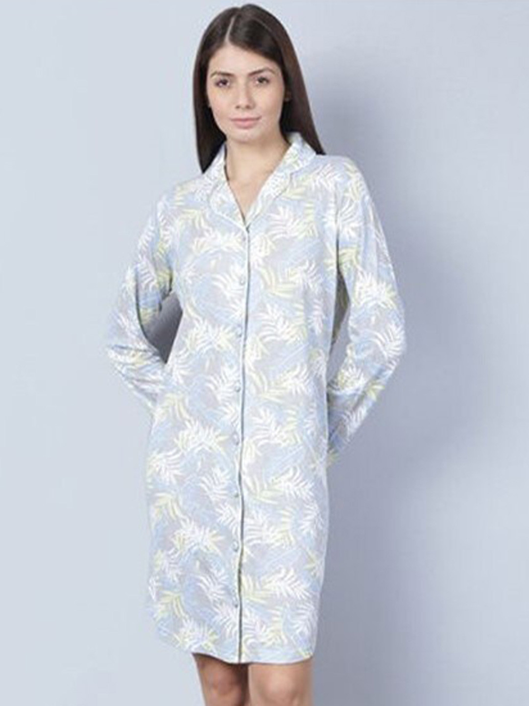 

Aila Floral Printed Shirt Nightdress, Blue