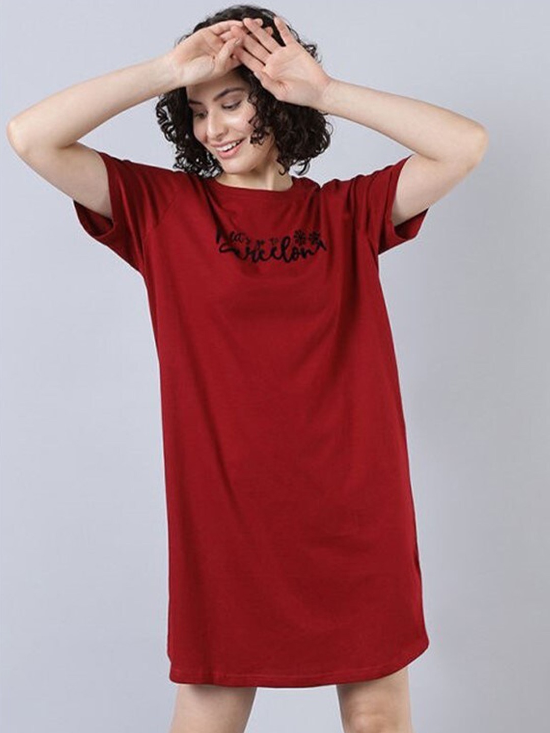 

Aila Typography Printed T-shirt Nightdress, Red