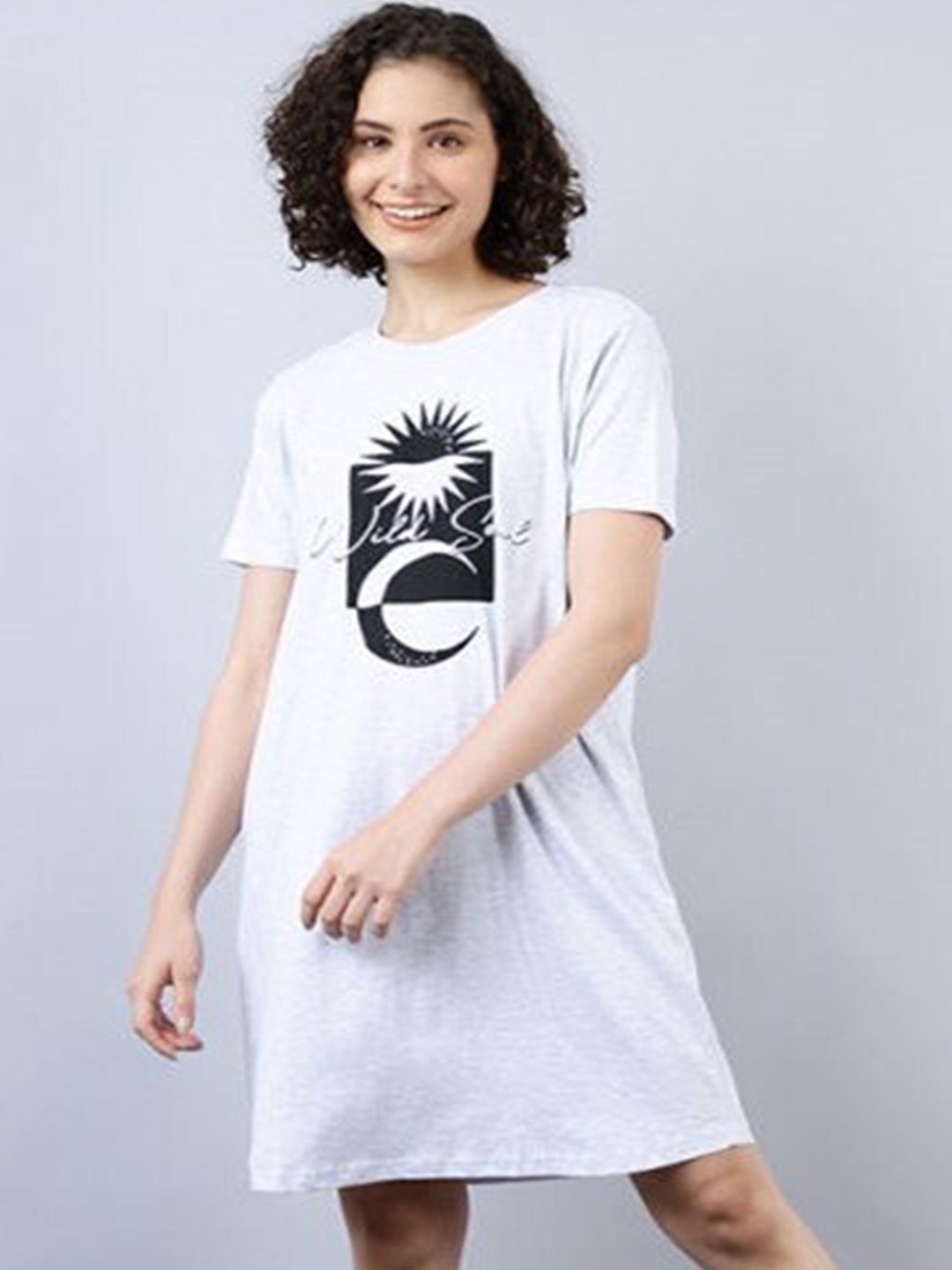 

Aila Graphic Printed Above Knee T-shirt Nightdress, Grey melange