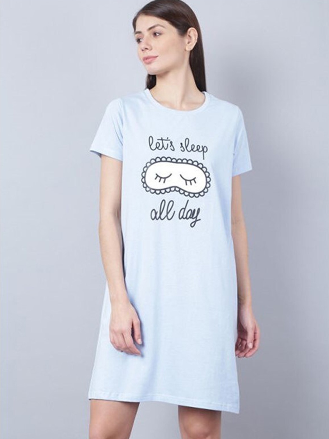 

Aila Typography Printed T-shirt Nightdress, Blue