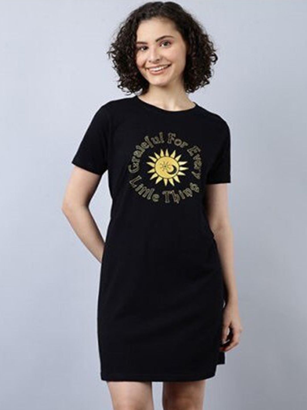 

Aila Typography Printed Above Knee T-shirt Nightdress, Black