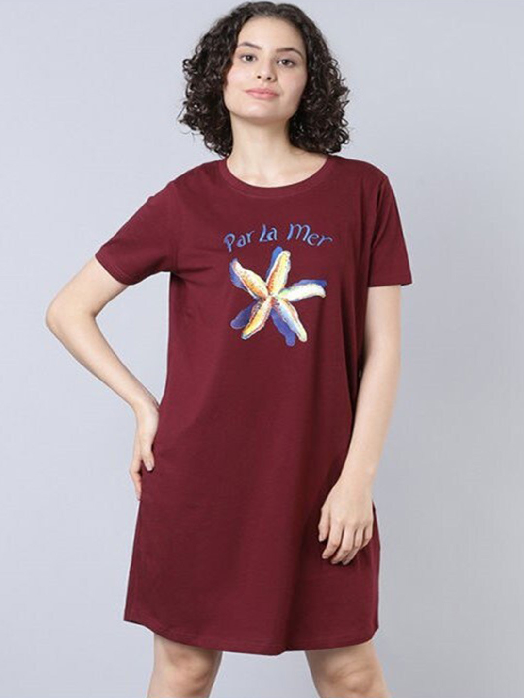 

Aila Floral Printed Above Knee Length T-shirt Nightdress, Maroon
