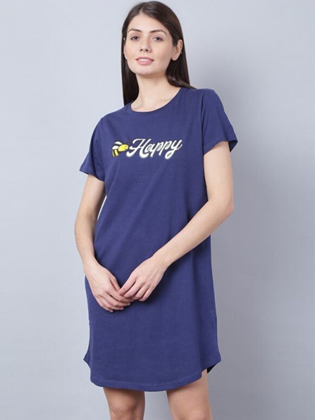 

Aila Typography Printed Nightdress, Navy blue