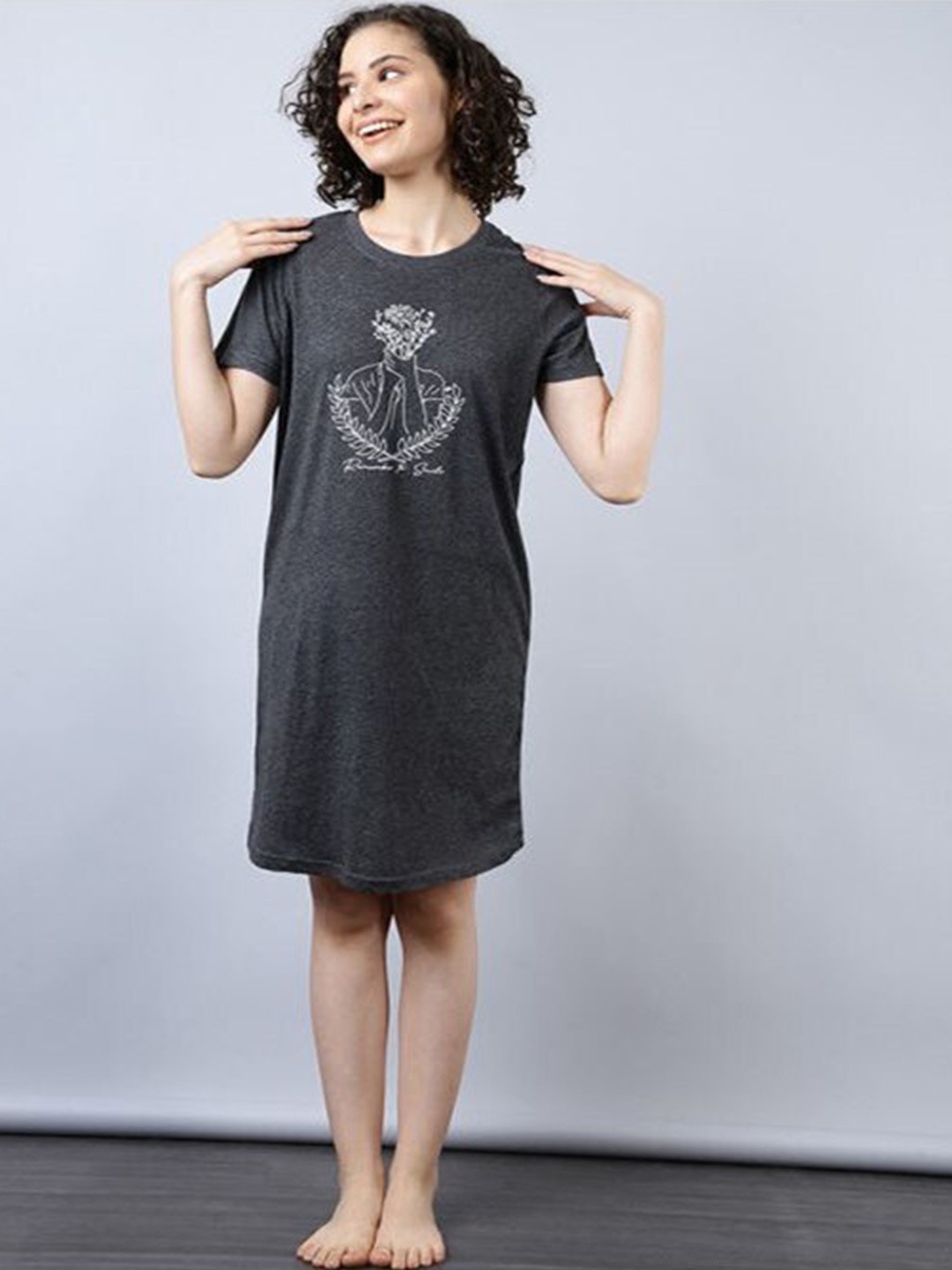 

Aila Printed Above Knee T-shirt Nightdress, Charcoal