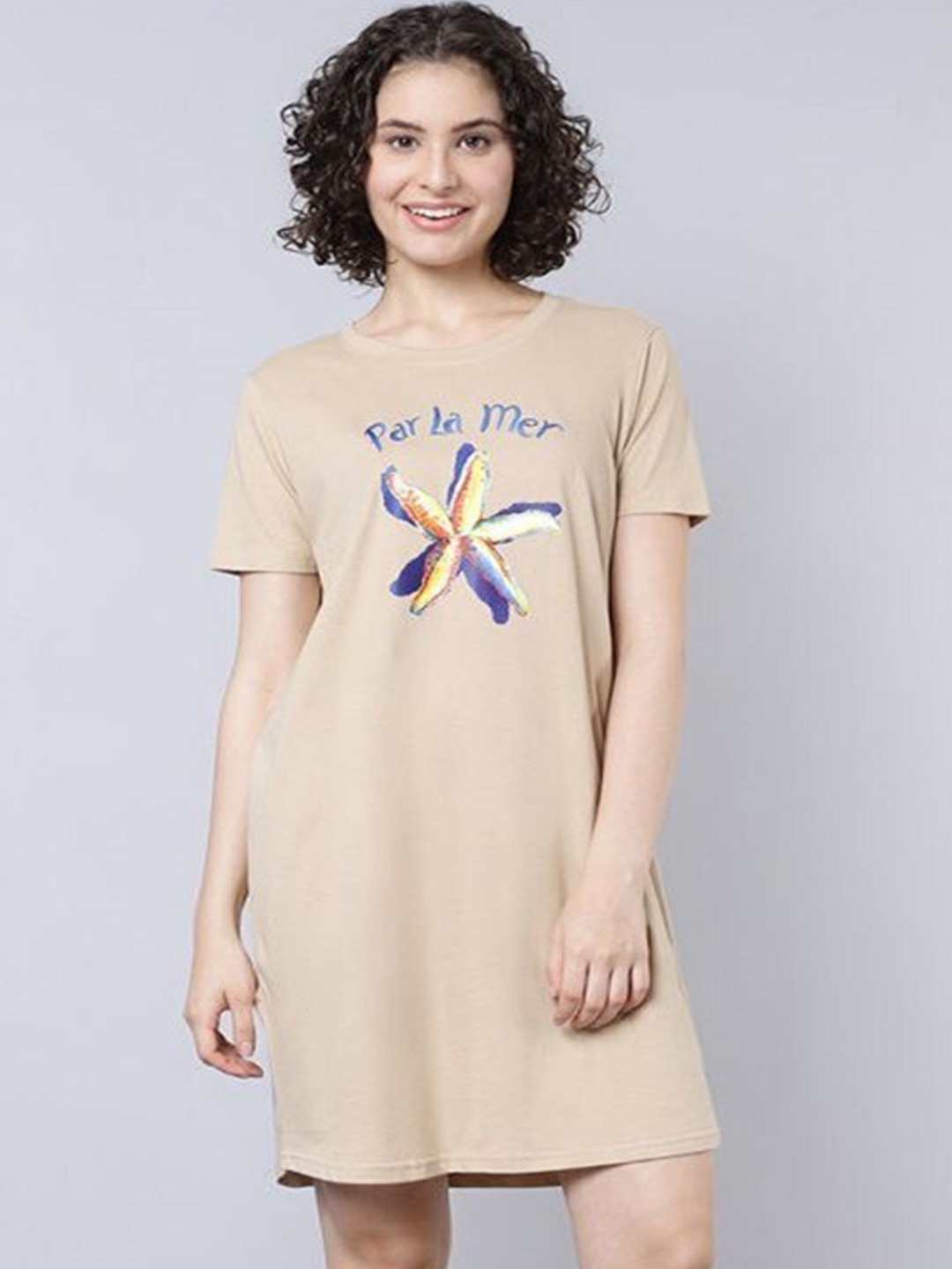

Aila Graphic Printed T-Shirt Nightdress, Beige