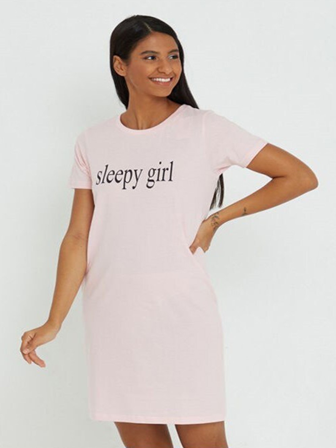 

Aila Typography Printed T-shirt Nightdress, Pink
