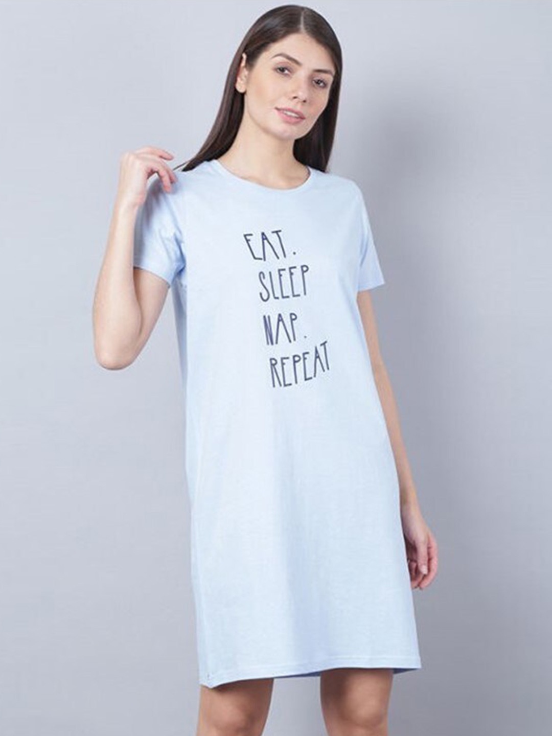 

Aila Typography Printed T-Shirt Nightdress, Blue