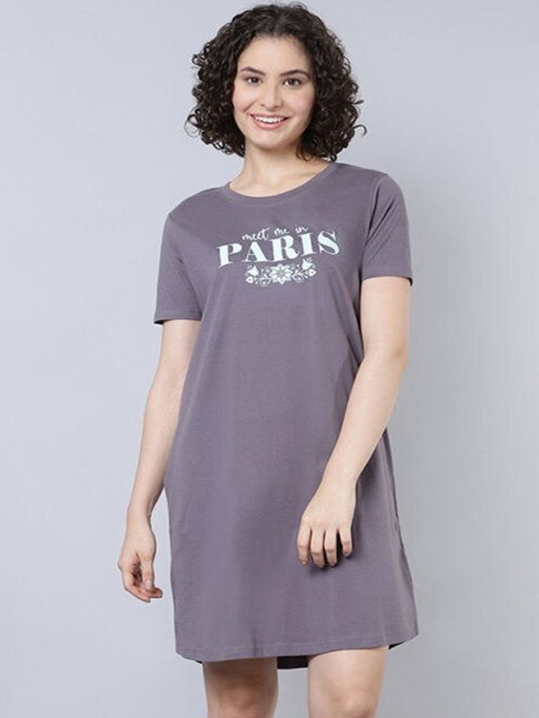 

Aila Typography Printed T-shirt Nightdress, Grey