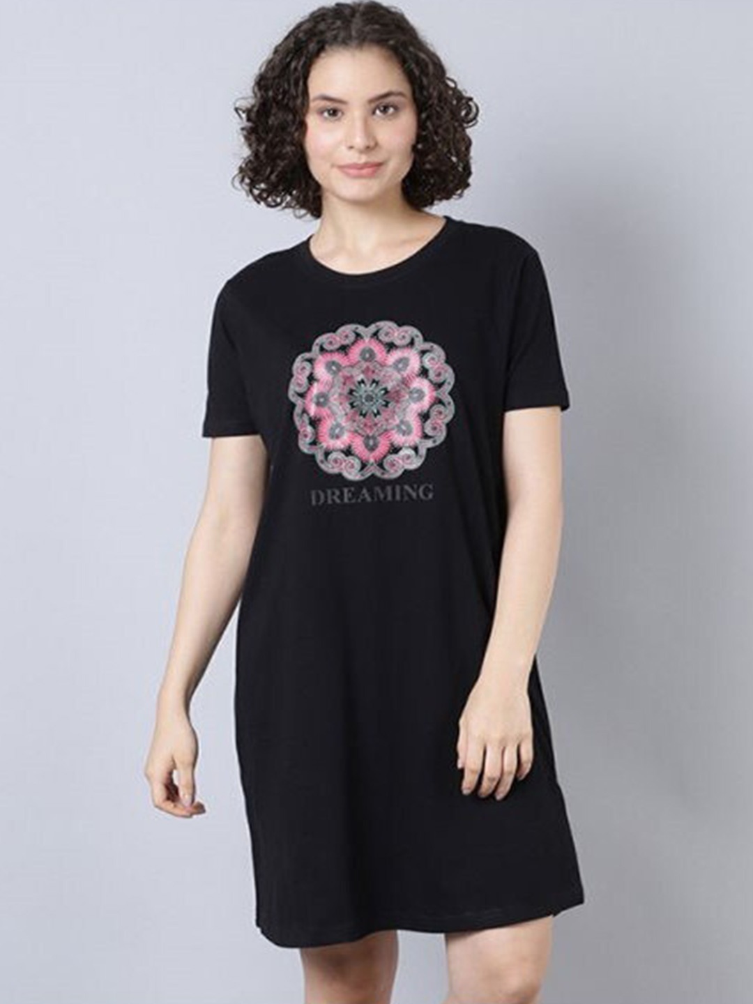 

Aila Ethnic Motifs Printed Above Knee Length T-shirt Nightdress, Black