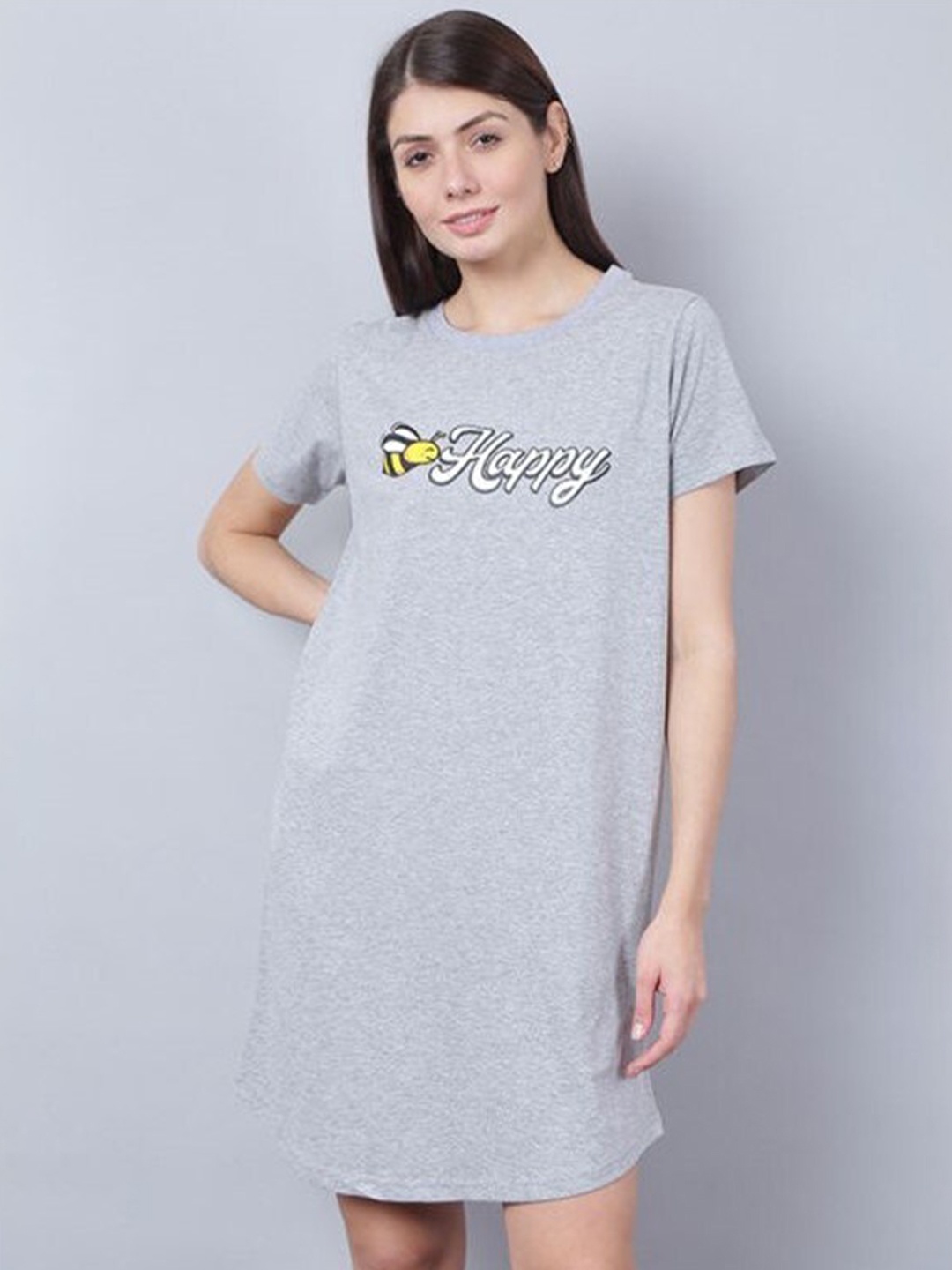 

Aila Typography Printed Nightdress, Grey melange