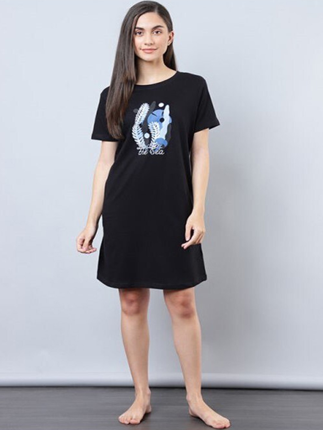 

Aila Graphic Printed T-Shirt Nightdress, Black