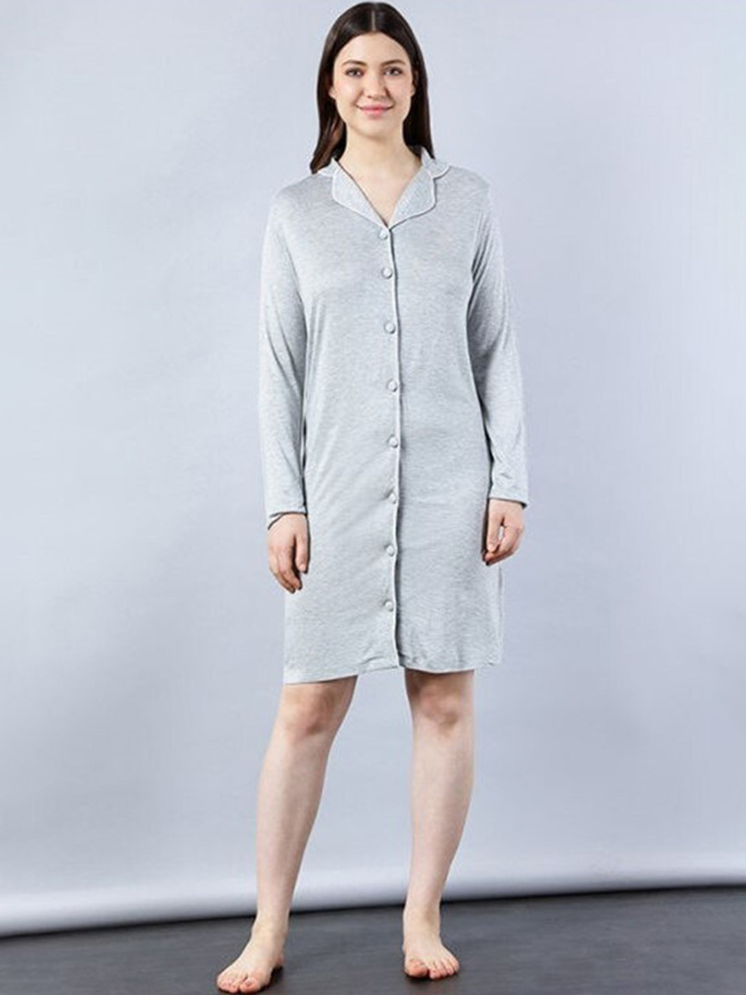 

Aila Lapel Collar Long Sleeves Shirt Dress, Grey melange