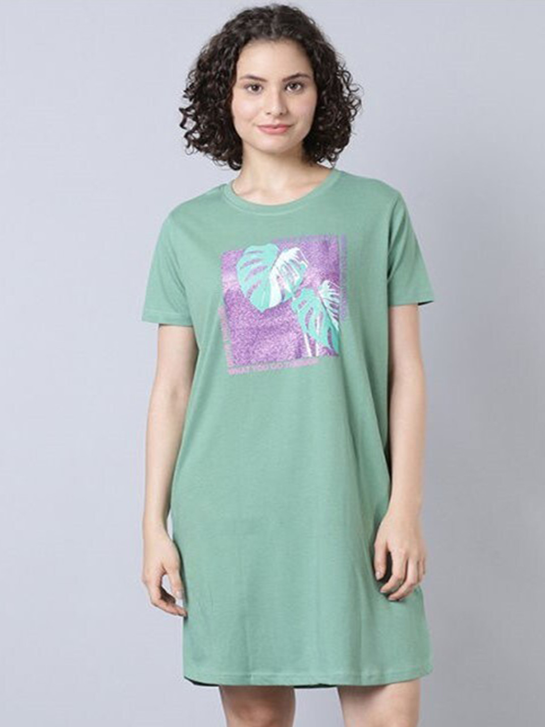 

Aila Printed Knee Length T-Shirt Nightdress, Green