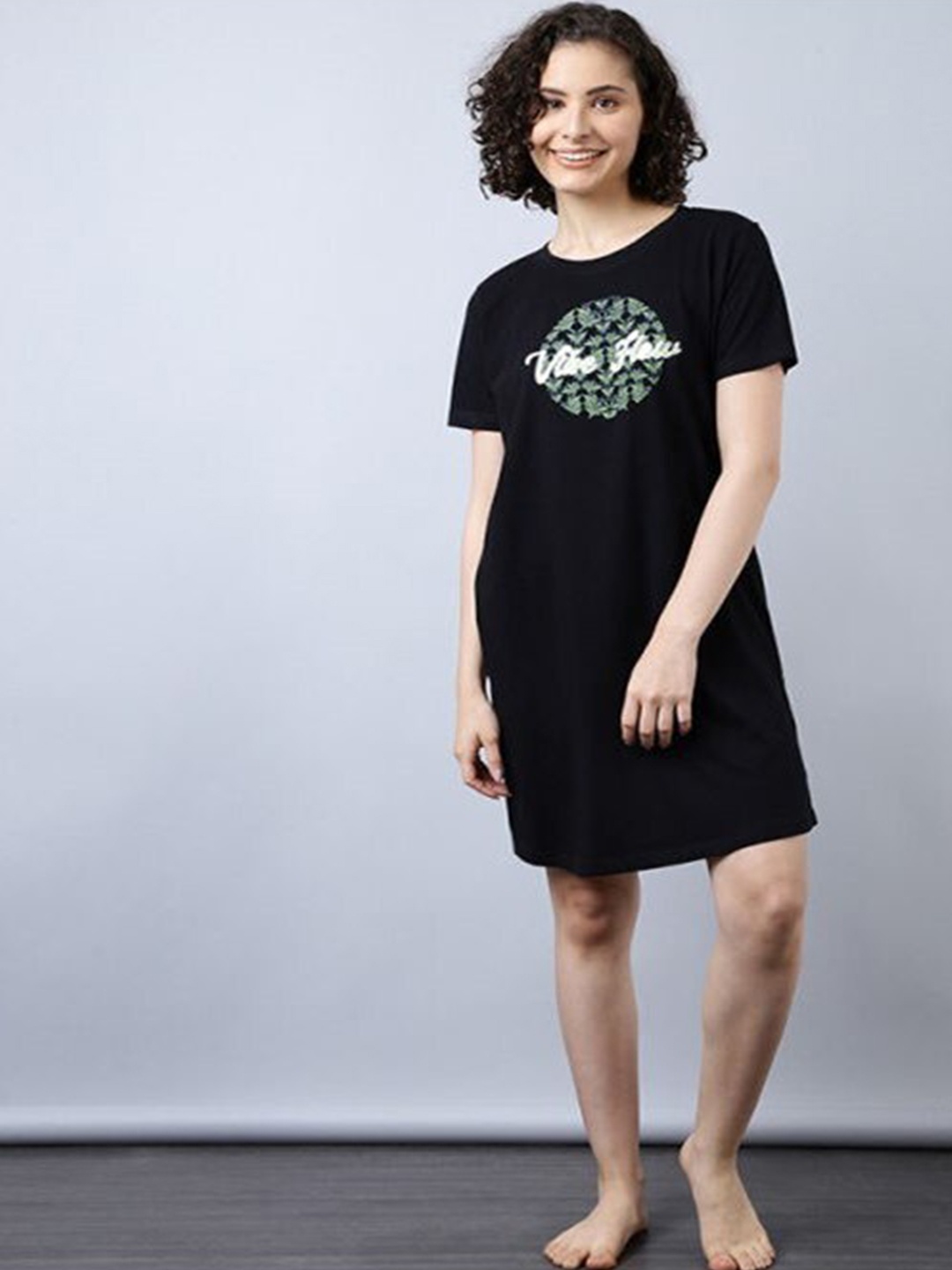 

Aila Typography Printed Nightdress, Black