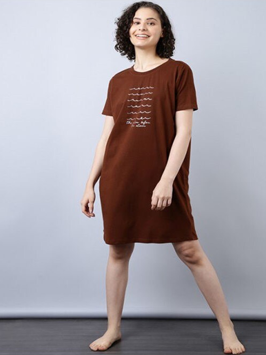 

Aila Typography Printed T-shirt Nightdress, Brown