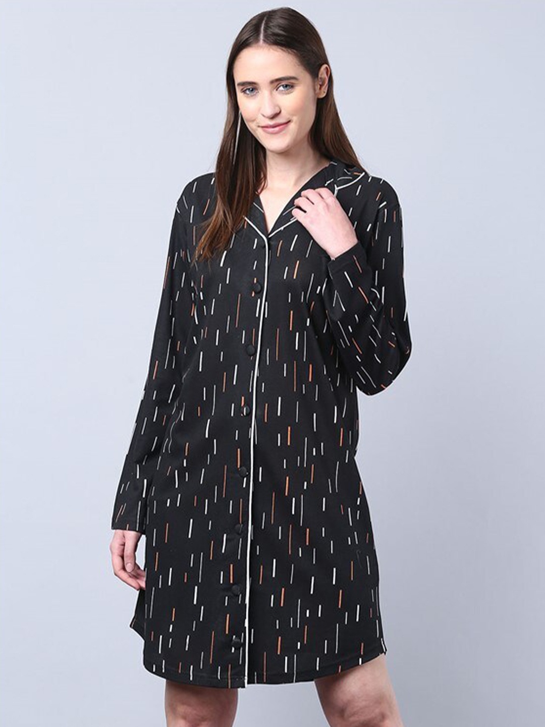 

Aila Geometric Printed Lapel Collar Shirt Nightdress, Black