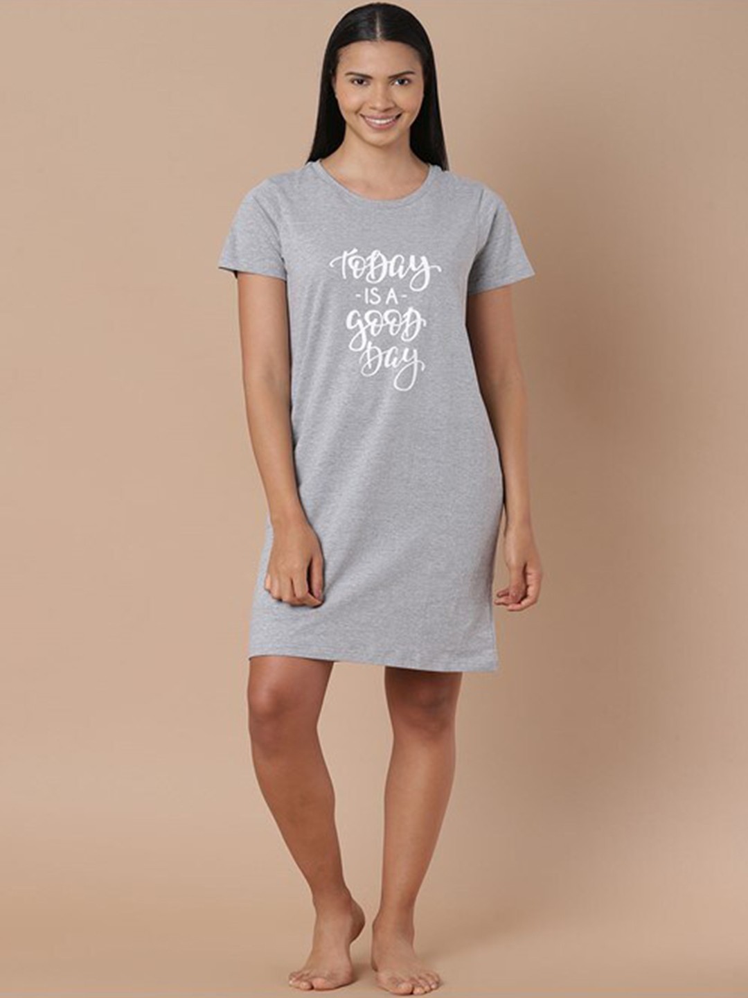 

Aila Typography Printed T-shirt Nightdress, Grey