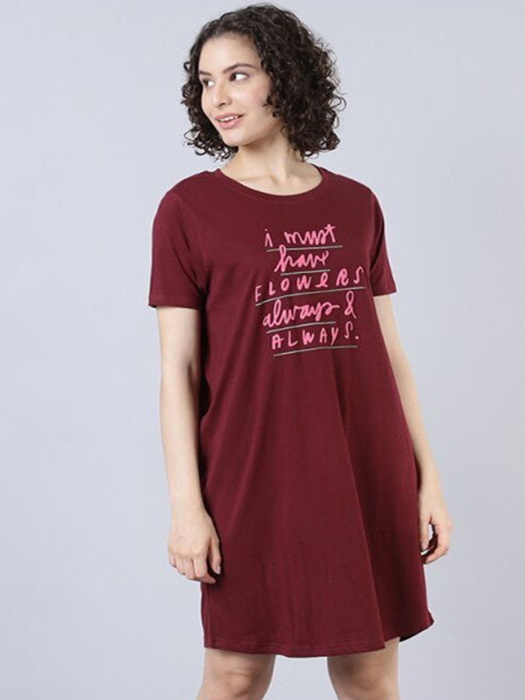 

Aila Typography Printed T-shirt Nightdress, Burgundy