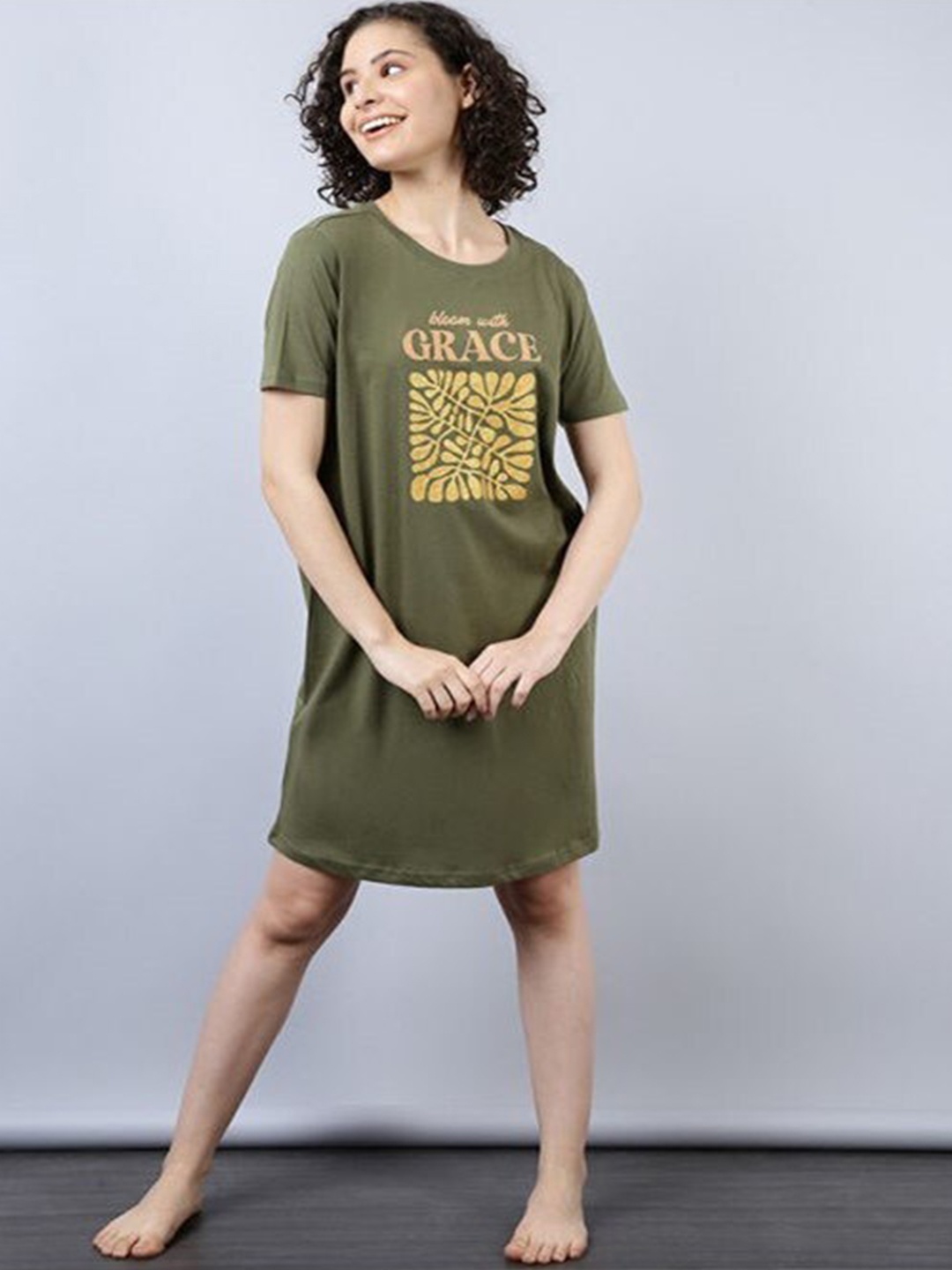 

Aila Typography Printed T-shirt Nightdress, Olive