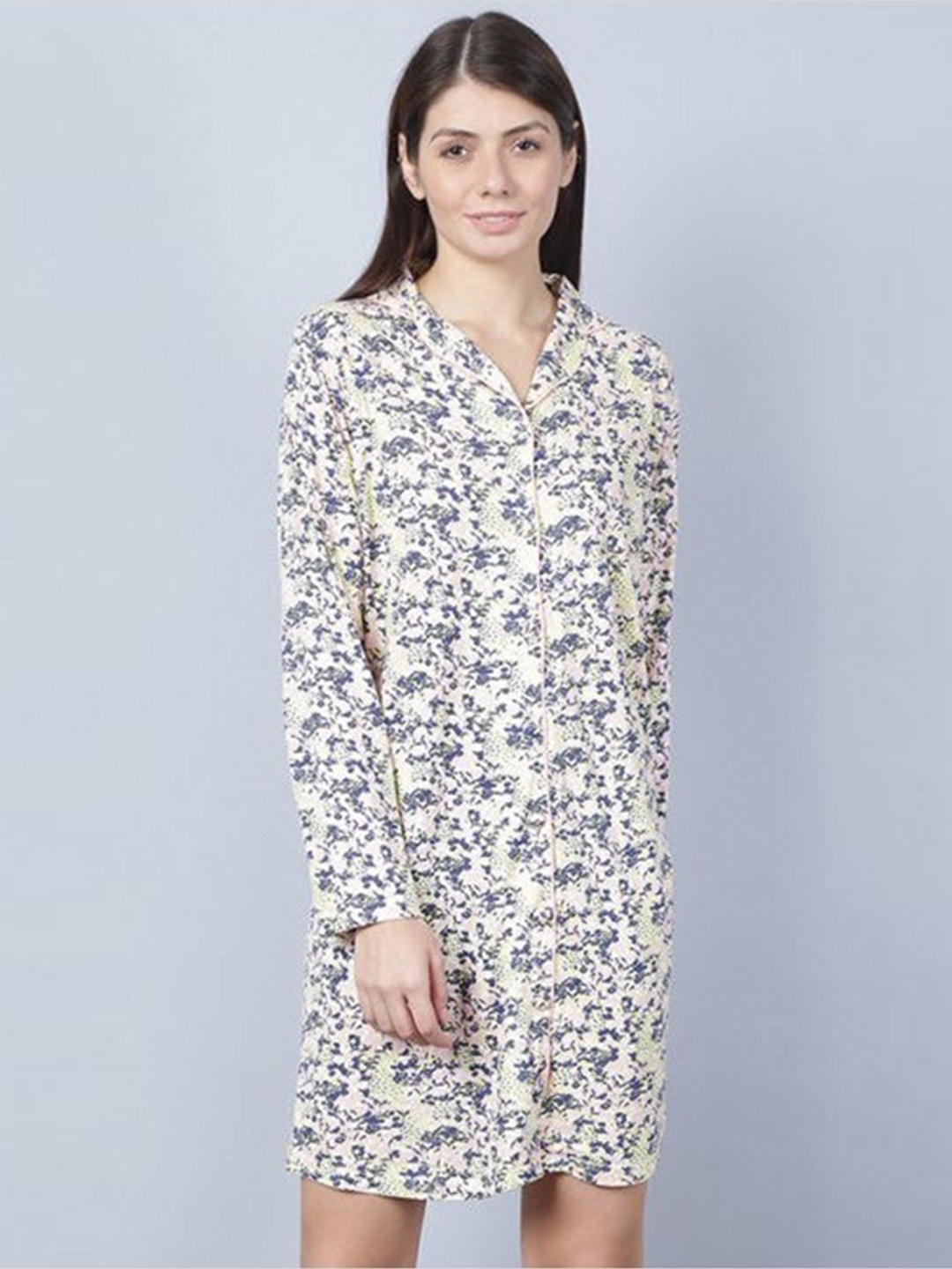 

Aila Floral Printed Lapel Collar Shirt Nightdress, Off white