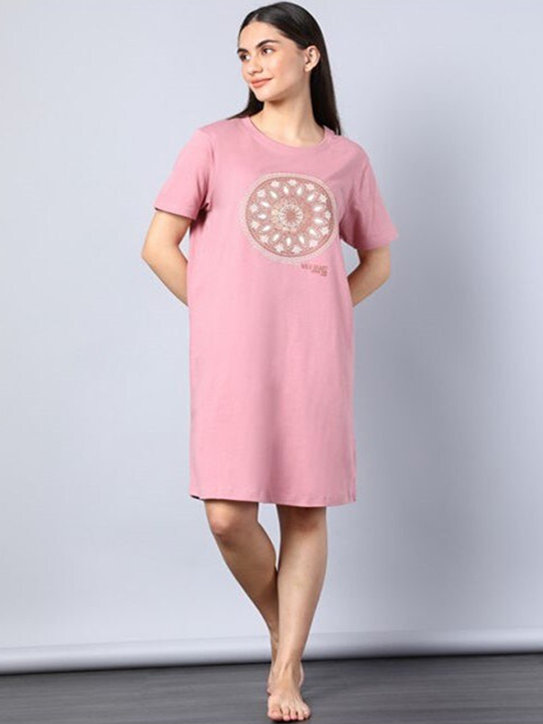 

Aila Ethnic Motifs Printed T-shirt Nightdress, Mauve